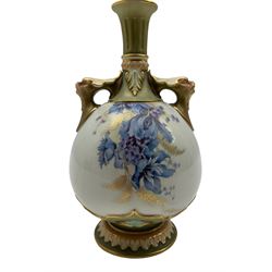 Royal Worcester blush ivory vase, of pear form with twin satyr mask handles and fluted neck hand painted with blue flowers and ferns, with puce printed mark beneath H22cm