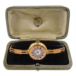 Early 20th century 9ct gold ladies manual wind half hunter wristwatch, on expanding rose gold bracelet, stamped 9ct