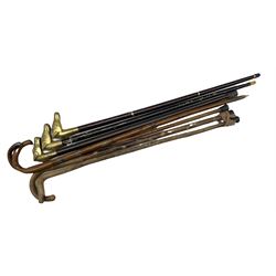 Alpine stick, others with brass animal form grips and various other walking sticks