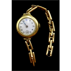 Swiss 18ct gold manual wind wristwatch, case by Stockwell & Co, London import marks 1919, on gold expanding strap stamped 15ct 