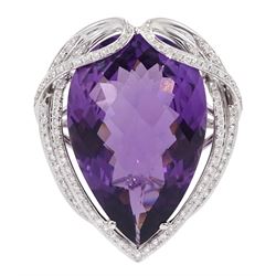 18ct white gold amethyst and diamond suite, comprising necklace, pair of pendant stud earrings and bracelet and ring, each with pear cut amethysts and round brilliant cut diamonds, stamped 750 