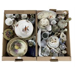 Continental porcelain including floral encrusted trinkets, 'Sheridan' pattern bowl, pair of belleek type jugs, Victorian ceramics etc in two boxes