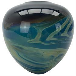 Peter Layton (Czech-British, 1937-): Studio glass vase of ovoid form, cased in clear crystal over a tonal deep to light blue core decorated with fine blue and green whiplash lines, signed H17cm