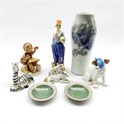 Royal Doulton figure Derrick HN1398 (a/f), Royal Copenhagen vase no. 1845/232 and a pair of crackle glazed pin dishes, Hummel figure and other ceramic animal figures (8)