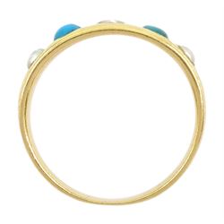 Early 20th century 18ct gold turquoise and split pearl ring, graduated stones inset to a tapering band