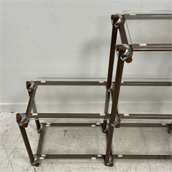 1960s/70s display stand, metal pole framed with chrome connecting brackets, fitted with perspex shelves