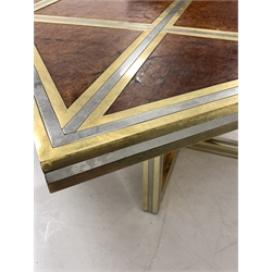 Romeo Rega - Mid century 'Hollywood Regency' rare Italian dining table,  brass and chrome with inlaid burr walnut panels, 140cm x 140cm, H76cm