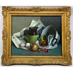 Dan Ferguson (Scottish 1910-1992): Still Life of The Times and Groceries, oil on canvas signed 39cm x 49cm