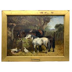 Attrib. John Frederick Herring Jnr. (British 1815-1907): Horses Feeding, oil on panel signed, attributed on mount  25cm x 35cm  
Provenance:  3rd Earl of Feversham