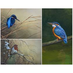 Robert E Fuller (British 1972-): Robin & Kingfisher, pair limited edition prints signed and numbered in pencil; Rob Keep (British 20th century): Kingfisher, watercolour and gouache signed max 20cm x 30cm (3)