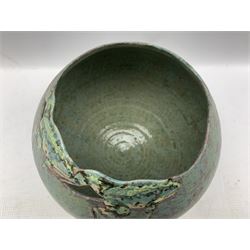 Roger Cockram (British 1947-): Studio Pottery 'Closed' bowl with incised frogs, with certificate dated 2002, H18cm approx