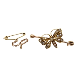 Edwardian 15ct gold split seed pearl butterfly brooch 