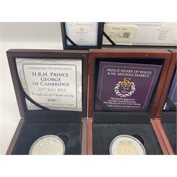 Silver coins and medallions including Bailiwick of Guernsey 2016 'Prince Philip 95' five pounds, two Bailiwick of Guernsey 2017 'Platinum Wedding Anniversary' five pounds etc, all cased with certificates (8)