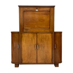 Early 20th century Art Deco walnut and mahogany bureau, fall-front enclosing eight pigeonholes, bottom section with two cupboard doors enclosing single shelf flanked by two corner cupboards