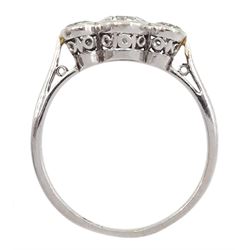 Art Deco platinum milgrain set three stone diamond ring, principle diamond approx 0.50 carat, total diamond wight approx 0.80 carat
