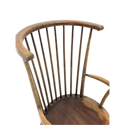 20th century beech high comb back chair on turned supports with H shaped stretcher, H104cm