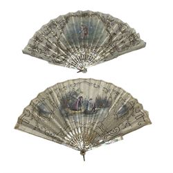 19th century mother-of-pearl and silk fan with painted panel by J. Besnard and a similar  fan painted with a courting couple (4)