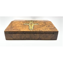 Victorian burr walnut writing slope with Gothic design strapwork mounts, the interior with fitted compartments and gilt tooled blue velvet writing surface, L35.5cm, H10.5cm, D25cm 