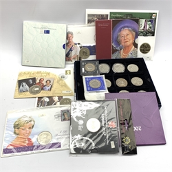 Twenty-one Queen Elizabeth II five pound coins, in covers, card folders and loose 