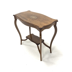 Edwardian rosewood centre table, serpentine top with canted corners, over square cabriole supports united by under tier, with boxwood stringing and floral marquetry, 76cm x 43cm, H70cm