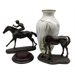 Heredities bronzed horse and jockey group, a similar horse and foal group and a Franklin Porcelain 'The Marshland Bird Vase' on stand (3)