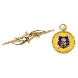 Gold enamel medallion pendant, Birmingham 1930 and a gold pink stone and seed pearl bar brooch, both 9ct