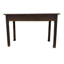 George III Chippendale design mahogany side table, rectangular top with gadroon moulded edge, the frieze carved with blind fretwork with interlaced stylised flower heads, raised on square chamfered supports carved with further blind fretwork 