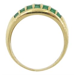 9ct gold calibre cut emerald curved ring, hallmarked 