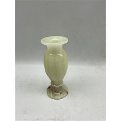 Set Czech glassware to include pair candlesticks, ring holder, trinket box and lamp; collection green onyx items including urn, candlesticks and lidded jars