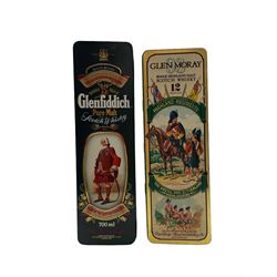 Glenfiddich Special Reserve single malt Scotch whisky 70cl 40% Vol in House of Stewart clan presentation tin and Glen Moray 12 years old single highland malt Scotch whisky 70cl 40% Vol in Argyll and Sutherland Highlanders presentation tin