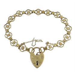 9ct gold fancy link bracelet with heart locket, hallmarked, approx 8.1gm