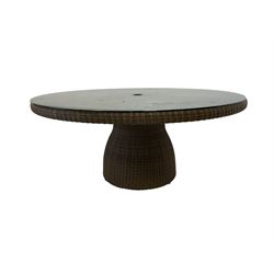 Neptune - rattan garden table, the circular top with parasol hole, raised on shaped pedestal, with glass top