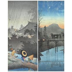 Japanese School (Meiji period): Three Figures Caught in Rain next to Temple and Figures Crossing a Bridge, pair colour woodblock prints 36cm x 16cm (2)