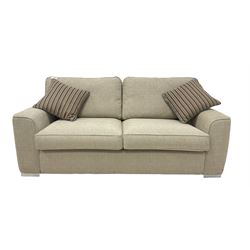 Alstons large two seat sofa bed, metal action pull out upholstered in cream fabric, raised on recessed castors, with  pair of scatter cushions W200cm, H90cm, D95