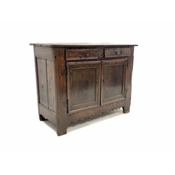 19th century French oak sideboard, with two drawers over two panelled doors enclosing shelf, shaped apron, stile supports, W140cm, H106cm, D60cm