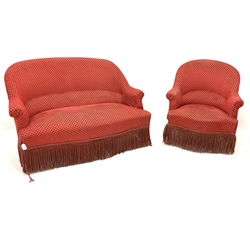 20th century French style upholstered two seat sofa (W123cm) together with a matching armchair (W72cm)