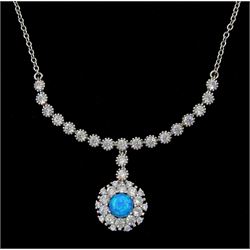 Silver opal and cubic zirconia cluster pendant necklace, stamped 925 