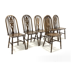 Set six 20th century elm and beach hoop and spindle back kitchen chairs, with pierced splats and turned supports, W37cm