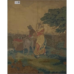 Early 19th Century embroidered silk picture in the style of Morland with figures in a rural landscape 54cm x 43cm