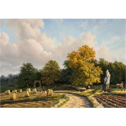 Daniel Van der Putten (Dutch 1949-): 'Lane to Badby Wood - Northamptonshire', oil on panel signed, titled verso 32cm x 44cm