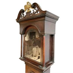  Mid 18th century empty mahogany longcase - With a swans necked pediment, open carved fretwork and gilded carved eagle, break arch hood door flanked by turned pilasters with brass capitals, long trunk door with a break arch top on a square plinth with raised moulding, on bracket feet. Dial mask  12