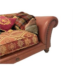 Tetrad - large two seat 'Eastwood' sofa, upholstered in buffalo hide leather with studwork, with Kilim chenille loose cushions, raised on turned feet