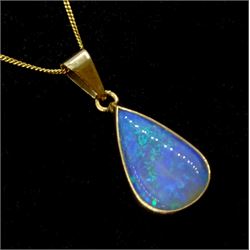 9ct gold pear shaped opal pendant, on 18ct gold necklace, stamped 750