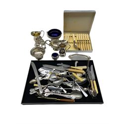 Quantity of plated cutlery, silver handled paper knife, plated cream jugs etc