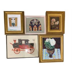 John Langton (British 1932-): 'Selby Image I', oil on card together with three framed floral still life oils and a print of a Victorian Royal Mail coach (5) 