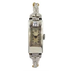 Art Deco 18ct gold cased, platinum and diamond ladies manual wind wristwatch, London 1934, the fabric strap with a white gold clasp stamped 9ct
