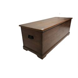 19th century oak blanket box, the hinged lid enclosing interior candle box, lower moulded rail on bracket feet