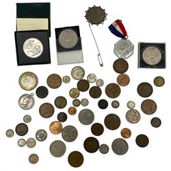 Coins, including Queen Victoria 1887 double florin in brooch mount, 1887 halfcrown with loop attached, King George V 1935 crown, commemorative crowns and medals etc
