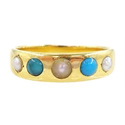 Early 20th century 18ct gold turquoise and split pearl ring, graduated stones inset to a tapering band