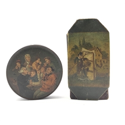 Early 19th century papier-mache circular snuff box in the manner of Stobwasser, painted with a group of men overlooking the reading of a will or testament, all of whom have their fingers to their noses D9.5cm and a 19th century papier mache cigar case  painted with two men hunting, reverse inscribed 'Souvenir' (2)